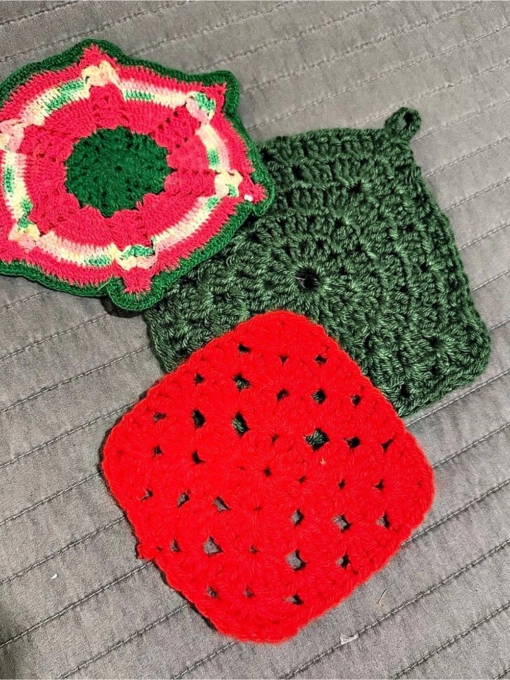Handmade Crochet Kitchen Linens Set Green & Red